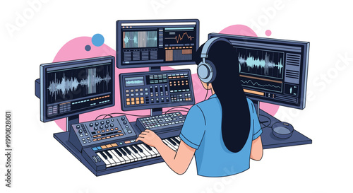 Professional sound engineer wearing headphones and working at a music production studio with multiple monitors and mixing consoles.