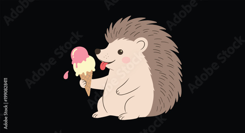 Cute little hedgehog holding a strawberry and vanilla ice cream cone on a black background as a playful character.