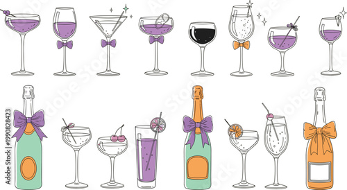 Elegant cocktail and champagne illustrations featuring martini glasses wine flutes and celebratory bottles with bows for luxury party invitations gala events and nightlife branding.