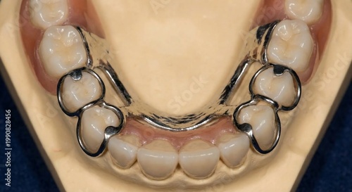 Removable cast metal partial denture framework on lower jaw dental model.