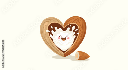 Cute character of a heart shaped nut with a happy face and white milk or cream splash in the center on a light background.