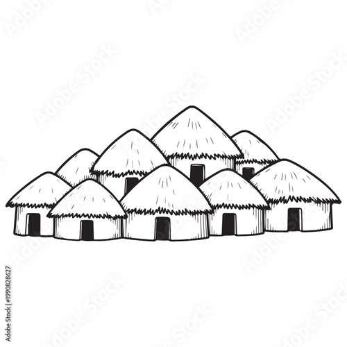 Traditional African Village Huts with Thatched Roofs Hand Drawn Vector Illustration for Cultural and Travel Design