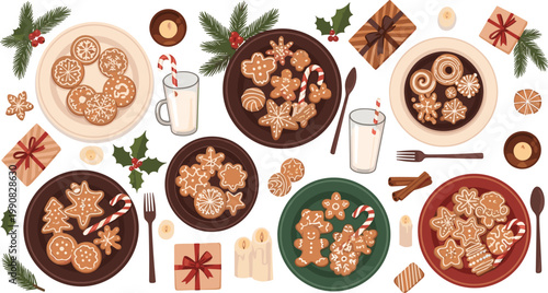 Christmas Gingerbread Cookie and Holiday Table Set with Milk, Candy Cane, Candle, Gift, and Festive Decorations for Xmas Celebration Designs