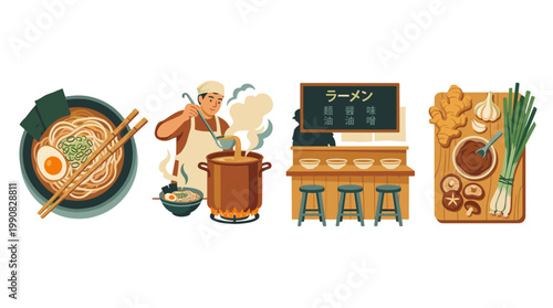 Ramen food set: flat vector illustrations of bowl, chef cooking, shop counter, and ingredients.