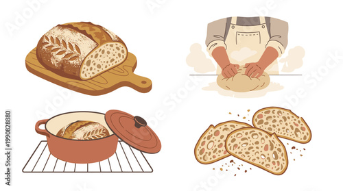 Sourdough bread baking process illustrations: artisan loaf, baker kneading dough, dutch oven, and sliced bread.