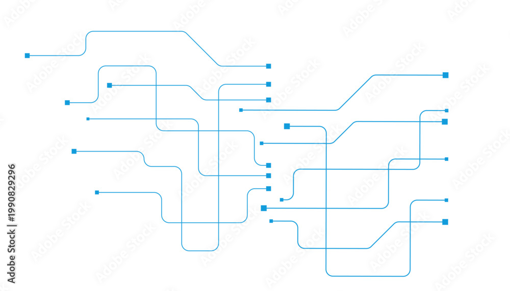 Obraz premium Minimalist blue circuit connection diagram with layered pathways and small square nodes minimalist circuit connection