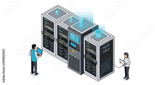 Two IT technicians managing high-tech equipment and data storage racks in a modern isometric server room facility.