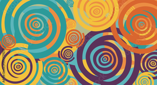 Playful abstract pattern composed of vibrant interlocking spirals in teal orange yellow and purple against a textured background.