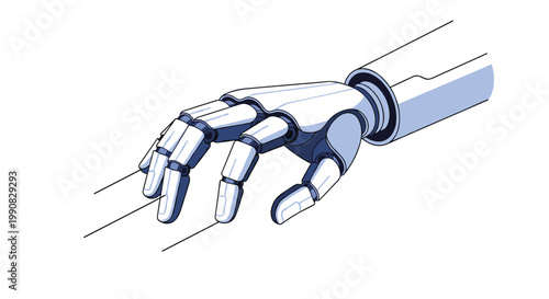 Close-up illustration of a sophisticated white robotic hand with black joints and blue highlights isolated on a white background.