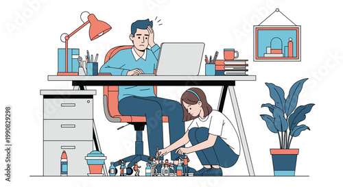 Tired man working on a laptop at his home office desk while a young girl plays with small figurines on the floor below him.