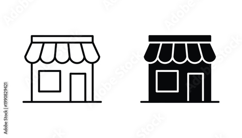 Minimalist storefront building icon set featuring outline and solid styles for retail and commerce web design projects