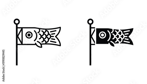 Japanese carp streamer koinobori icon set for cultural festivals and celebrations in outline and solid black vector style isolated on a clean white background for graphic design and print projects