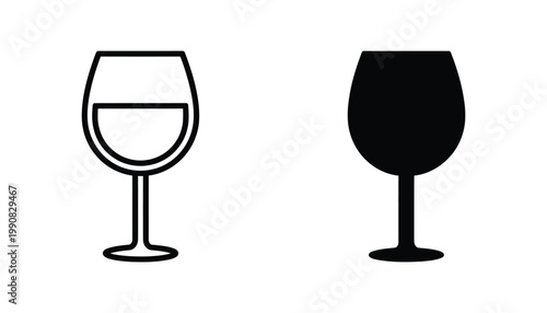 Minimalist wine glass vector icon set featuring outline and solid black silhouette styles for restaurant menu design and beverage branding isolated on a clean white background for professional use