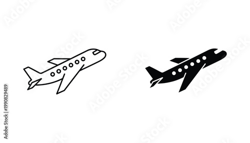 Commercial airplane travel icon set in flight with windows in clean minimalist black and white vector style for aviation tourism and transportation industry design projects