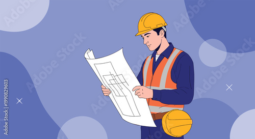 Professional male construction engineer in a safety vest and hard hat reviews detailed architectural blueprints against a blue background.