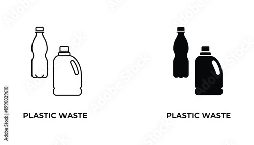 Plastic waste icons including water bottle and detergent jug silhouettes in outline and solid black designs for environmental awareness and recycling campaigns and sustainability infographics