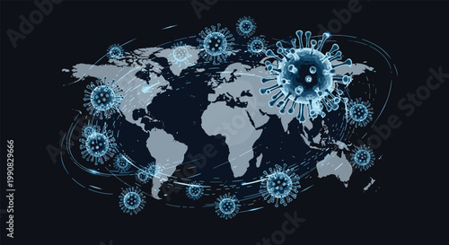 Global world map illustration showing the spread of virus particles during a pandemic against a dark background, representing a health crisis.
