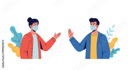 Man and woman wearing protective medical face masks wave to each other while maintaining social distance to stay safe during a virus outbreak.