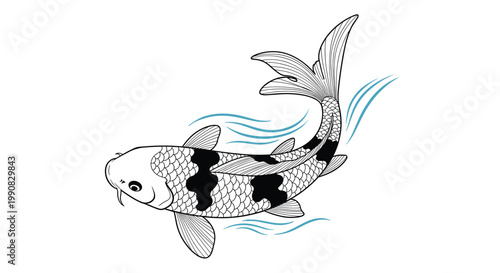 Elegant koi fish swims gracefully through the water in a detailed black and white illustration with subtle blue ripples for a zen feeling.