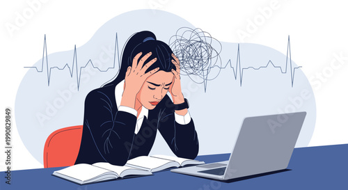 Stressed woman at her desk with a laptop and books experiences a mental block represented by a chaotic thought bubble and a heartbeat line.