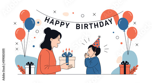 Loving mother gives a birthday gift and a cake with candles to her young son under a happy birthday banner with festive colorful balloons.