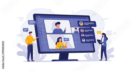 Group of colleagues participates in a professional video conference displayed on a large computer monitor for remote work and collaboration.