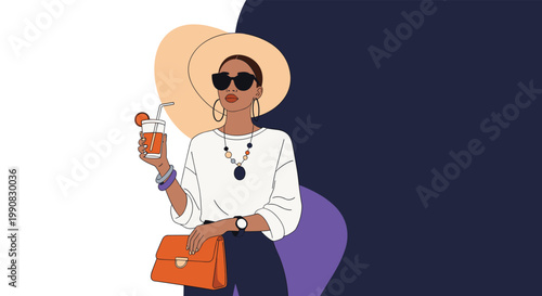 Fashionable woman wearing a wide brimmed hat and sunglasses holds a refreshing drink and an orange handbag in a stylish summer portrait.