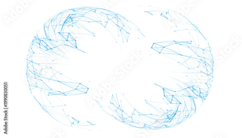 Circular abstract network of interconnected nodes with light blue pathways on transparent background