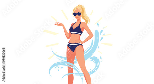 Confident young woman in a navy swimsuit poses with her hand on her hip while water splashes and sunbeams surround her for a summer vibe.