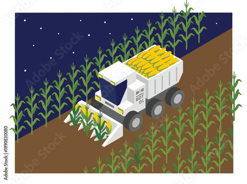 Isometric view of a smart agriculture harvester working in a cornfield at night, showcasing automated farming technology for efficient crop collection