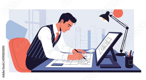 Professional male architect or designer works diligently at his desk using a drafting table and a computer screen for his new projects.