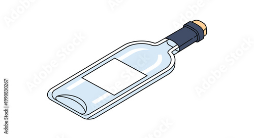 Clear glass wine bottle with a cork and a blank white label is shown from an isometric perspective on a clean and simple background.
