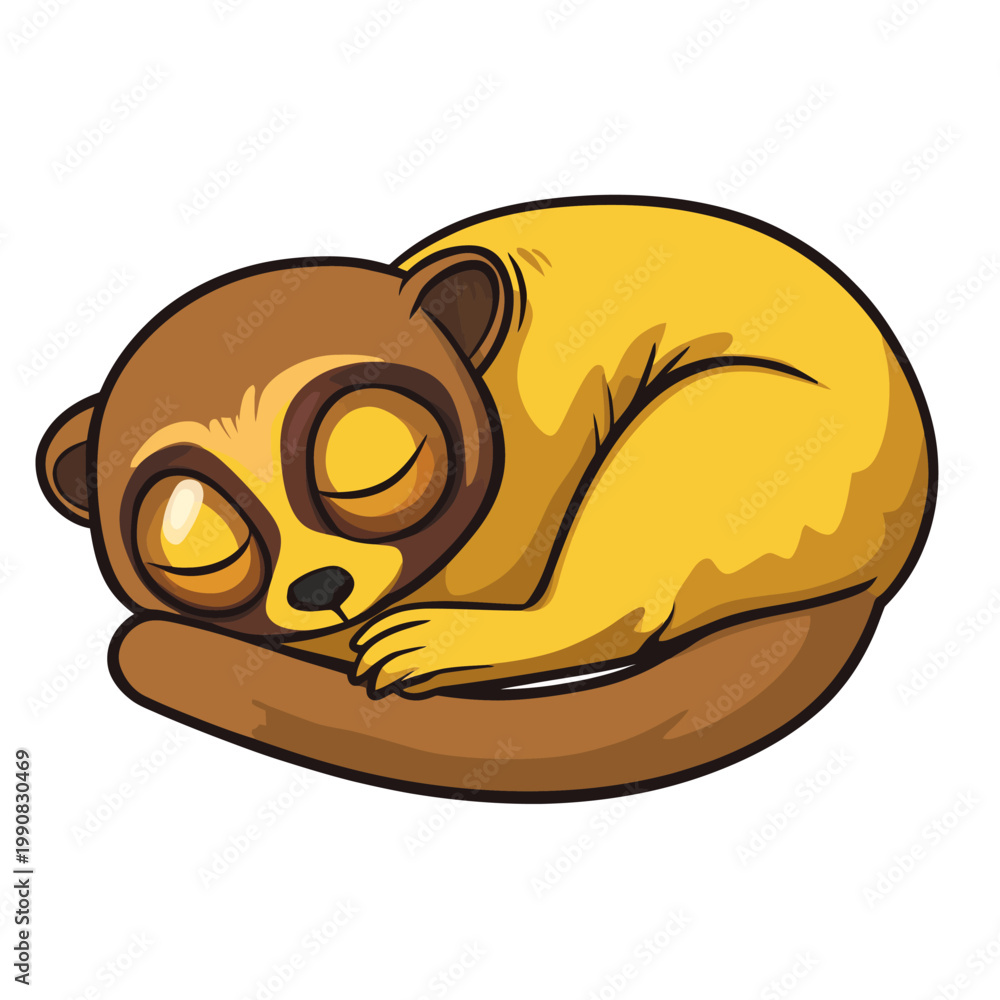 Fototapeta premium A cartoon illustration of a curled, sleeping primate with brown and yellow fur, on a white background