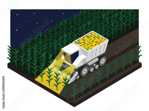 Isometric smart agriculture an advanced combine harvester robotically gathers corn at night, efficiently working under artificial light in a modern farming field