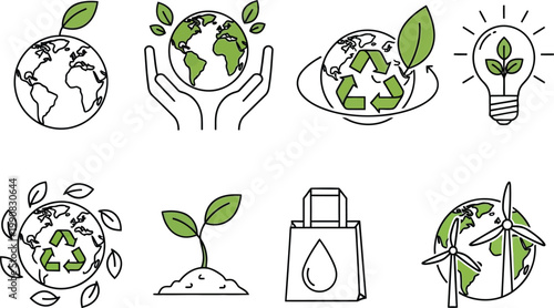 Eco friendly concepts earth growth and sustainable energy silhouette icons