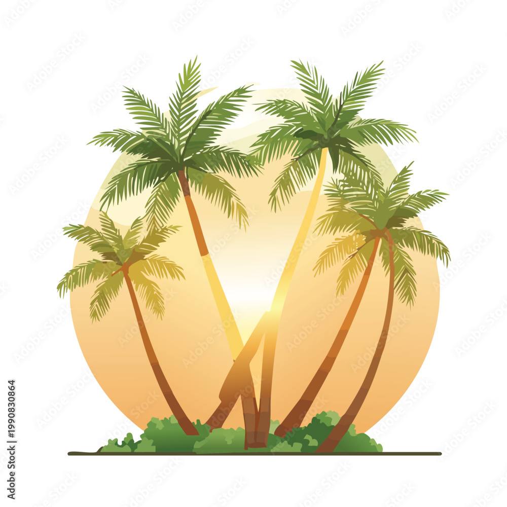 Fototapeta premium Palm trees silhouetted against sunset sky tropical illustration