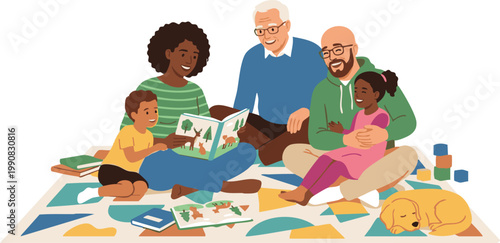 Multi-generational family reading books together on carpet