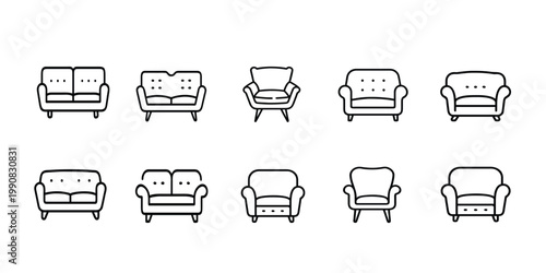 Sofa web line icons set armchair furniture couch living room interior comfortable seat upholstery lounge chair web line icons set & more vector illustration with editable stroke