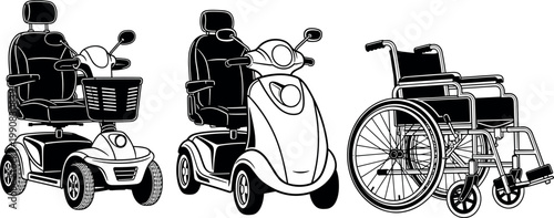 Set of mobility aids icons featuring electric power scooters and a manual wheelchair isolated on white background vector illustration for healthcare