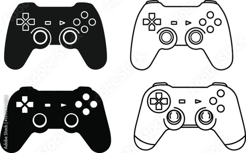 Game controller silhouette set black and white gaming icons