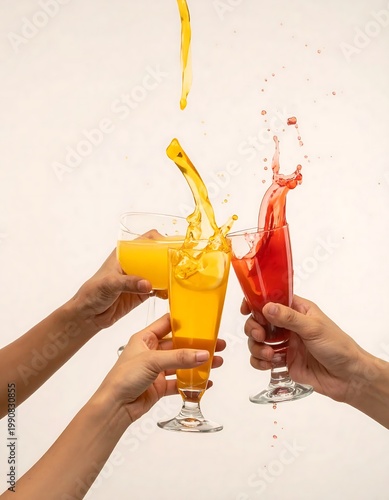 Three Glasses Of Fruit Juice With Dynamic Splashes In Orange Yellow And Red Held Hands In A Toast Gesture On Isolated White Background