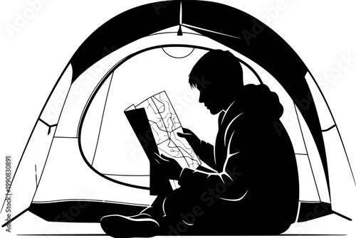 Person using map inside tent navigation silhouette.