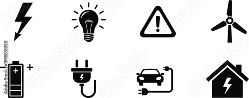 Energy source icons silhouette electricity light power and renewable energy symbols