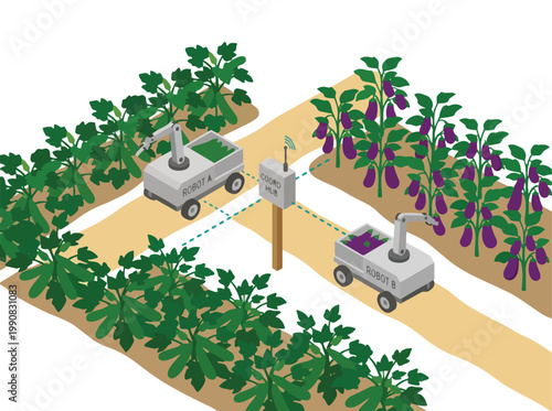 Isometric smart agriculture robots working in a field with eggplant and plants, modern farming technology illustration
