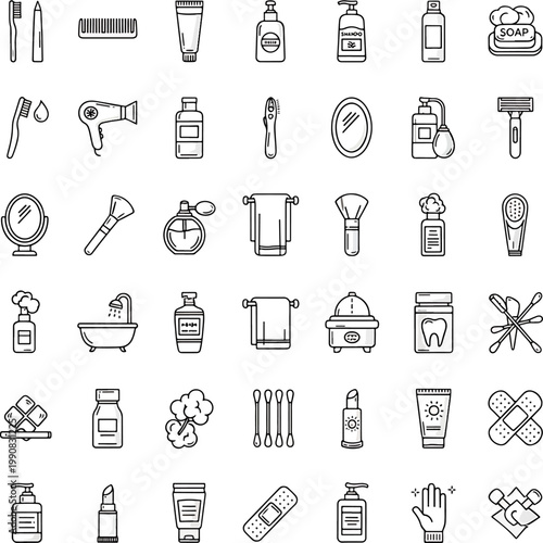 Collection of Personal Hygiene and Bathroom Essentials Icons Vector Set Representing Healthcare and Daily Routines