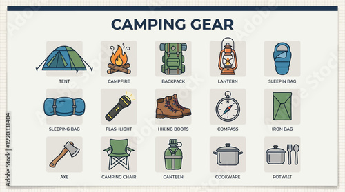 Camping gear illustration shows various outdoor equipment on flat surface