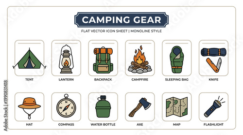 Camping gear icons including tent, sleeping bag, flashlight, hat, axe, map, and water bottle for outdoor adventure and travel preparations.