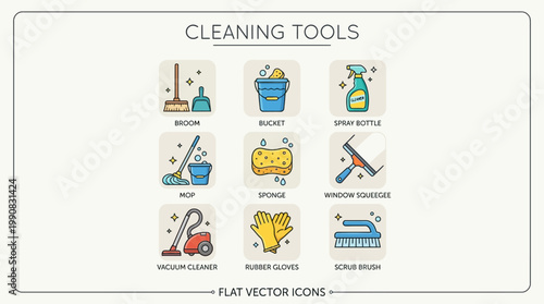 Cleaning tools icons flat layout with broom bucket mop and more
