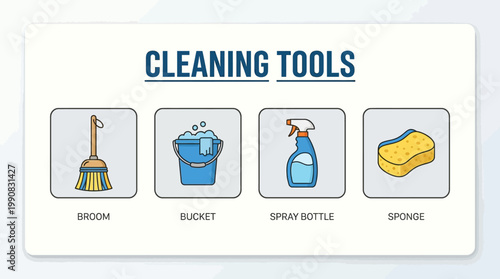 Cleaning tools including broom bucket spray bottle and sponge