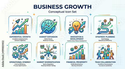 A conceptual icon sheet illustrates business growth through various symbols and graphs in a vibrant and dynamic style.
